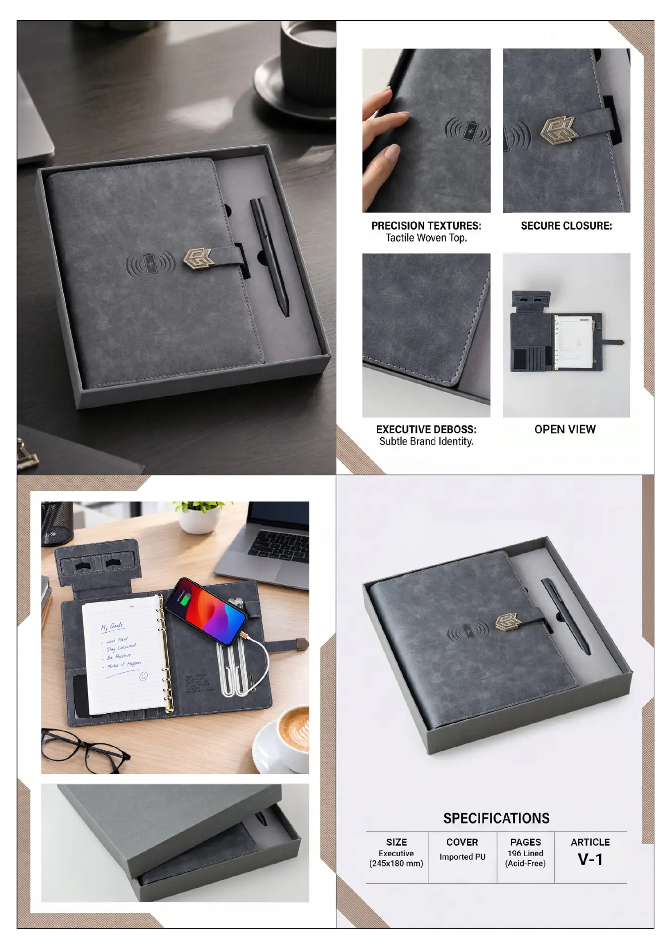 V-1: Grey Arrow Clasp Power Bank Diary, interior views and catalogue specifications