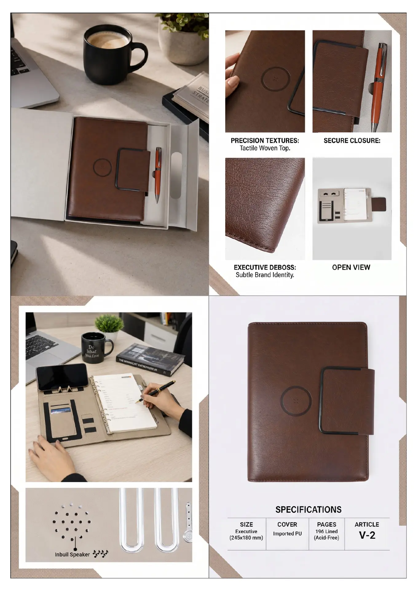 V-2: Brown Wrap Closure Power Bank Diary, interior views and catalogue specifications