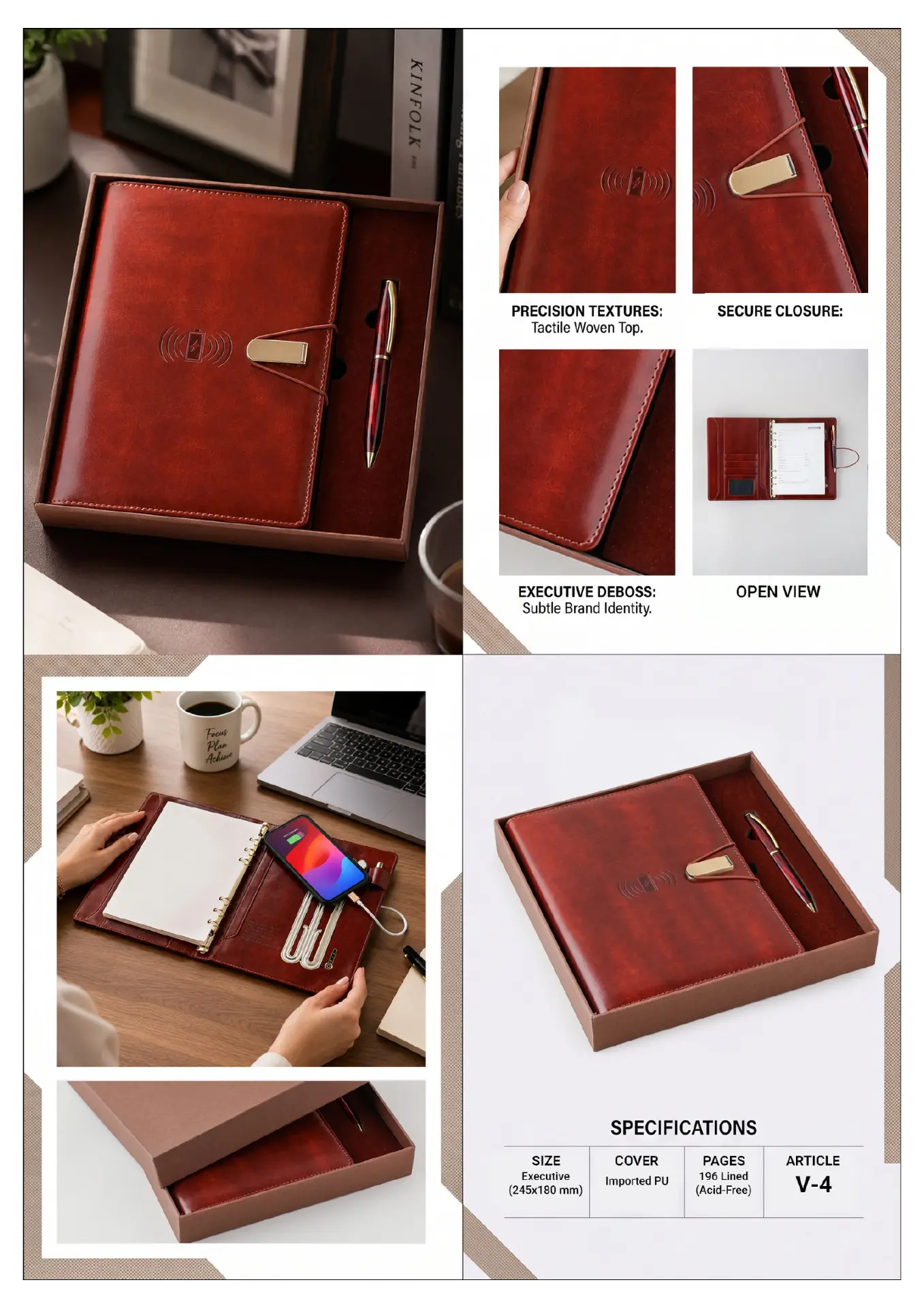 V-4: Red Angled Clasp Power Bank Diary, interior views and catalogue specifications