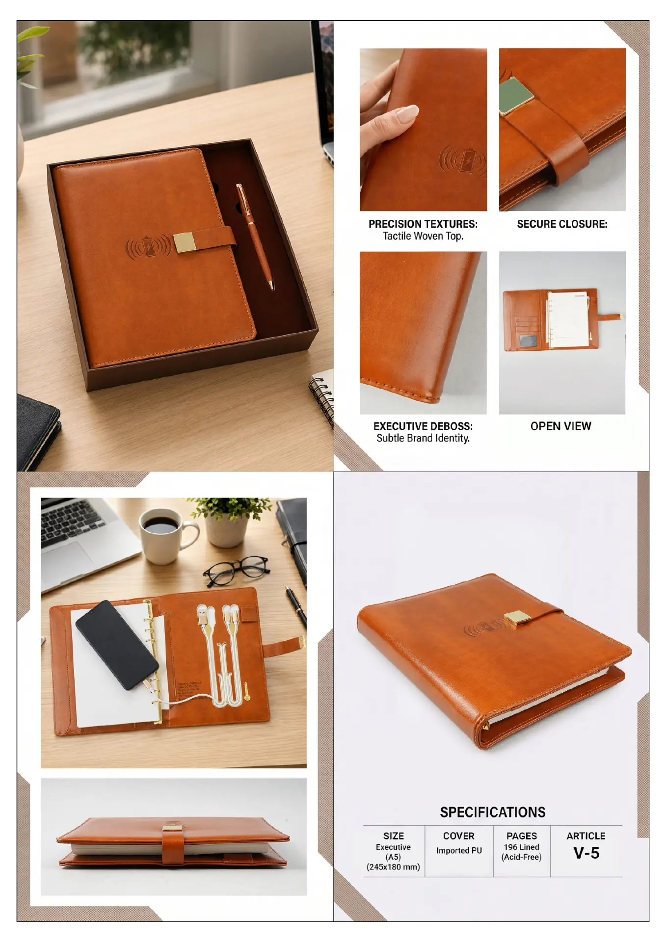 V-5: Tan Square Clasp Power Bank Diary, interior views and catalogue specifications