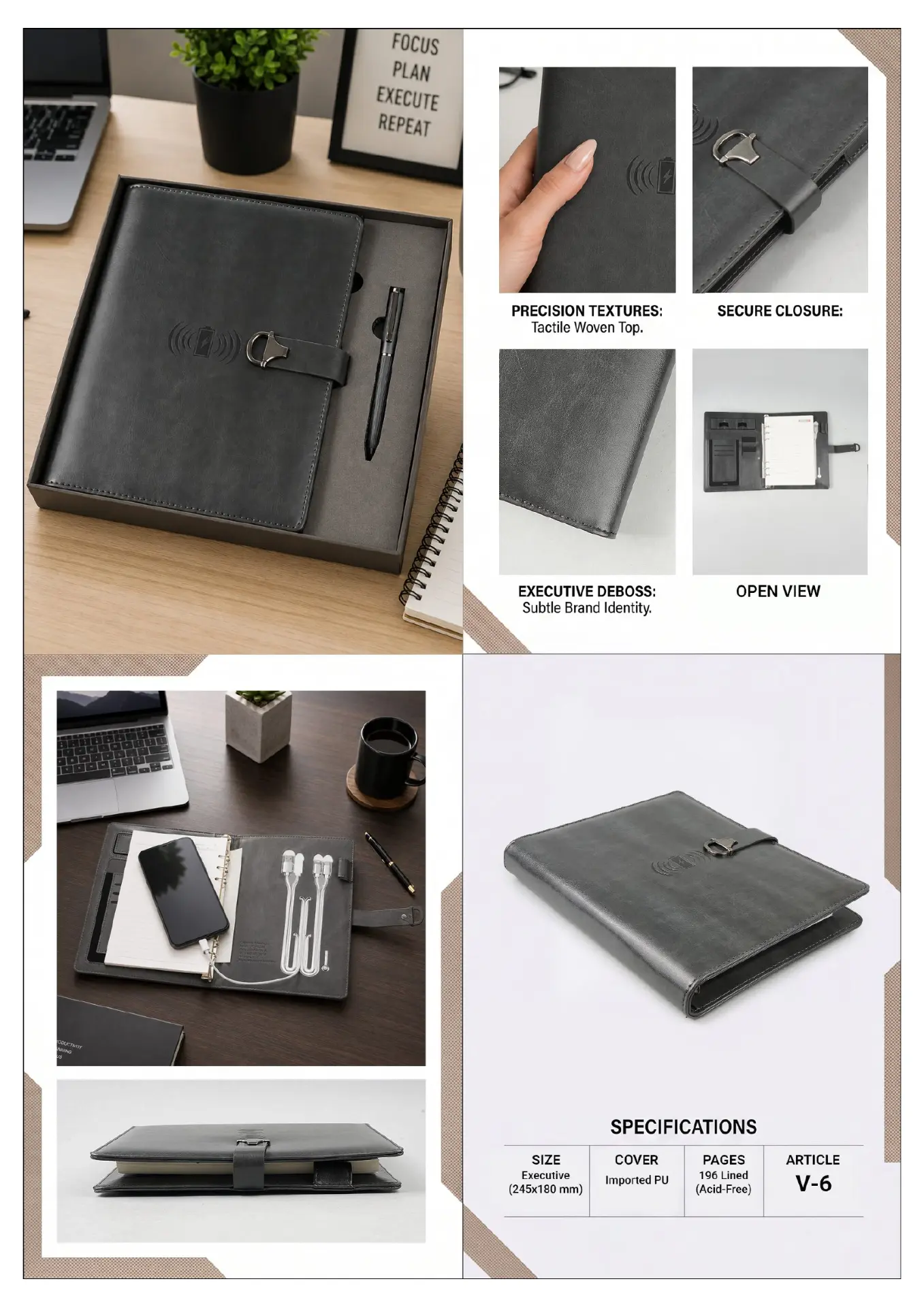 V-6: Grey Loop Clasp Power Bank Diary, interior views and catalogue specifications