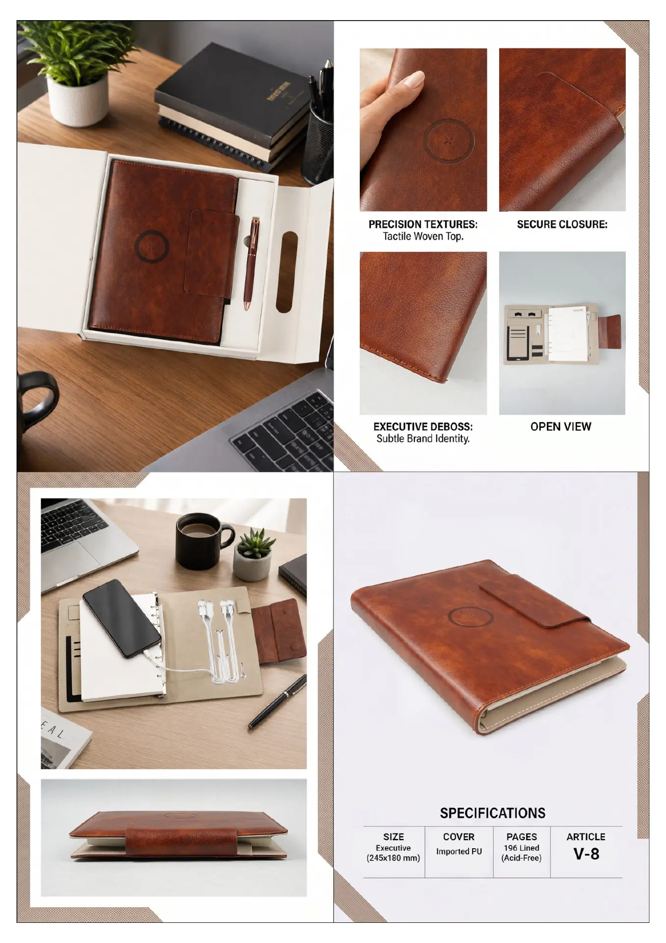 V-8: Brown Foldover Power Bank Diary, interior views and catalogue specifications